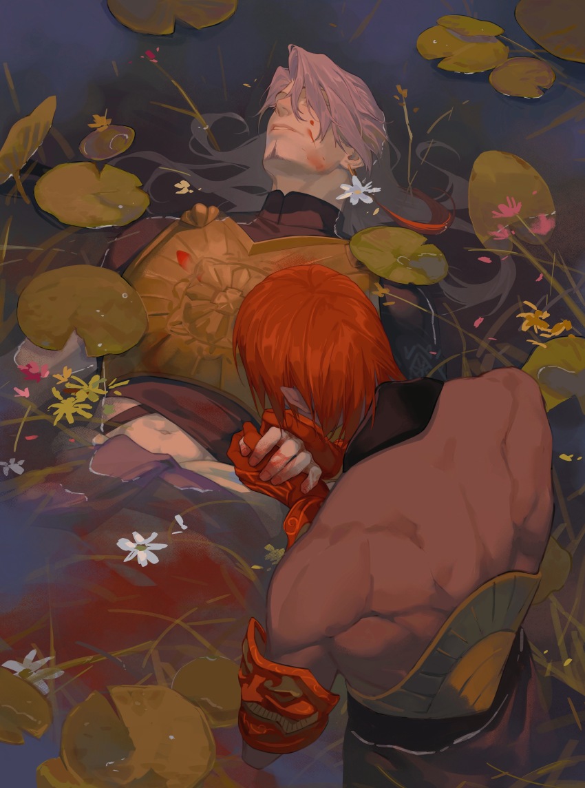 2boys, absurdres, ashwatthama_(fate), blood, blood_in_water, dark-skinned_male, dark_skin, death