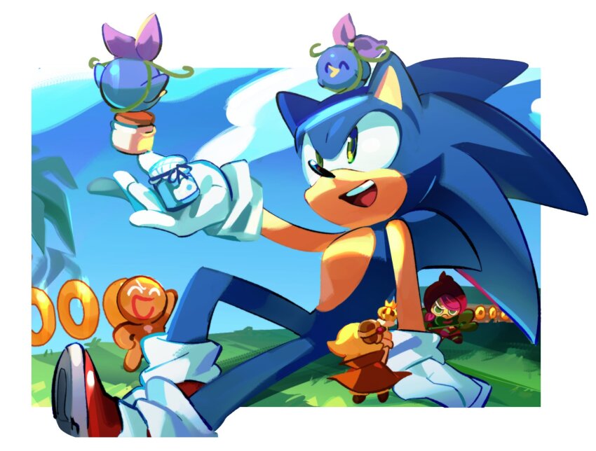 1girl, 3boys, :d, animal_ears, animal_nose, beet_cookie, bird, blonde_hair, blueberry_bird, bluebird, border, bow, brown_cloak, cloak, closed_eyes, cookie_run, cookie_run:_kingdom, crown, custard_cookie_iii, full_body, furry, furry_male, gingerbrave, gloves, grass, green_eyes, hedgehog_boy, highres, looking_at_animal, male_focus, mini_crown, multiple_boys, on_ground, open_mouth, outdoors, pink_hair, purple_bow, red_shoes, shoes, sitting, smile, sonic_(series), sonic_the_hedgehog, weon1119, white_border, white_gloves