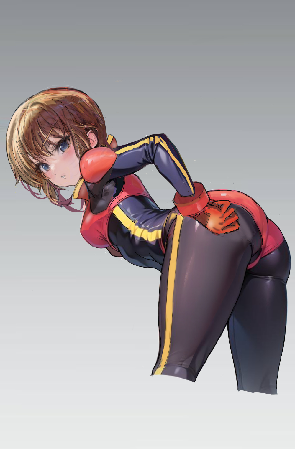 1girl, ass, bent_over, black_bodysuit, blue_eyes, blush, bodysuit, breasts, from_behind, gloves, gundam, gundam_zz, highres, huo_ji_wu, looking_at_viewer, looking_back, mecha_pilot_suit, normal_suit_(gundam), orange_hair, puru_two, shiny_clothes, short_hair, sidelocks, skin_tight, small_breasts, solo, standing