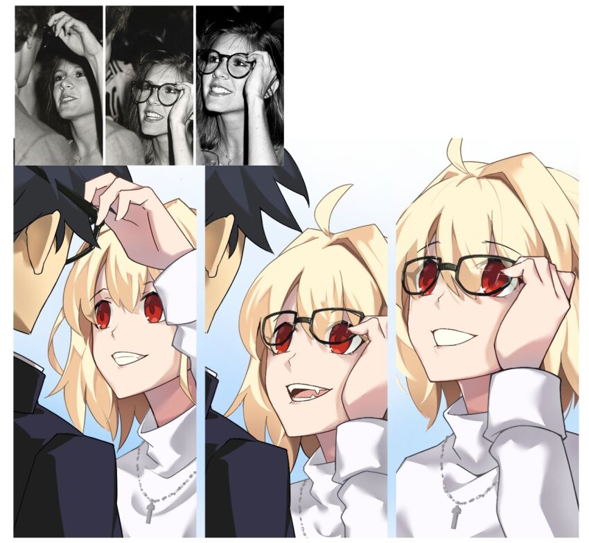 1boy, 1girl, ahoge, arcueid_brunestud, black_hair, blonde_hair, couple, fangs