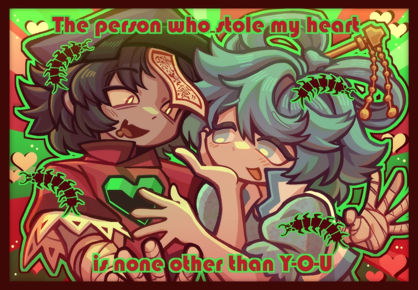 2girls, akatsuki_records, black_hair, blue_dress, blue_eyes, blue_hair, border, brown_border