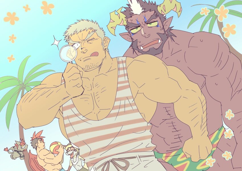 4boys, :q, abs, another_eidos-r, bara, barboros_(another_eidos), brown_hair, character_request