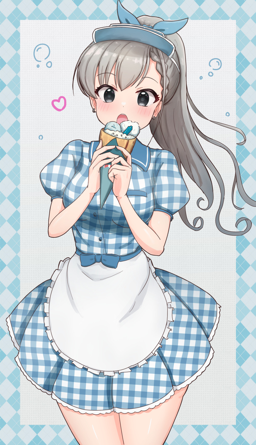 absurdres, apron, argyle_border, asymmetrical_bangs, blue_dress, blush, braid, braided_bangs, commentary_request, crepe, dress, earrings, eating, food, frilled_apron, frills, grey_hair, heart, highres, hisakawa_hayate, holding, holding_food, idolmaster, idolmaster_cinderella_girls, jewelry, kuragezakana, open_mouth, plaid_clothes, plaid_dress, ponytail, puffy_short_sleeves, puffy_sleeves, short_sleeves, simple_background, thighs, visor_cap, waist_apron, white_apron, white_background