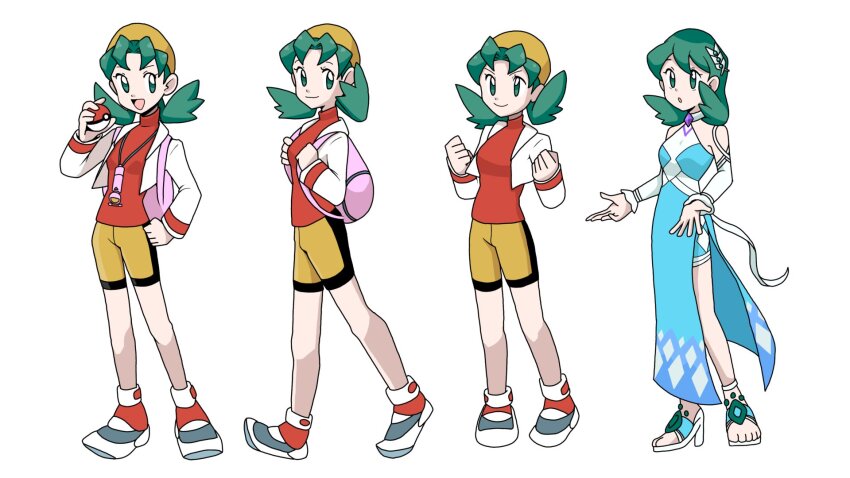 bike_shorts, blue_dress, clenched_hands, dress, full_body, green_eyes, green_hair, hanecco_(arumican_orange), hat, high_heel_sandals, high_heels, highres, holding, holding_poke_ball, kris_(pokemon), kris_(sygna_suit)_(pokemon), nintendo, official_alternate_costume, poke_ball, poke_ball_(basic), pokemon, pokemon_gold/silver/crystal, pokemon_masters_ex, sandals, simple_background, standing, white_background, yellow_hat