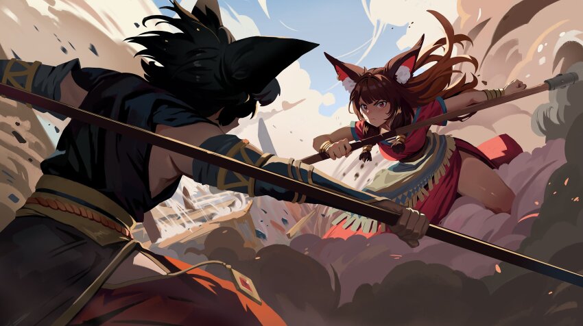1boy, 1girl, animal_ear_fluff, animal_ears, black_hair, black_shirt, blue_sash, blue_sky, bracer, brown_hair, brown_sash, celestra, cloud, commentary, debris, detached_sleeves, dress, dust_cloud, english_commentary, facing_another, fighting, fighting_stance, floating_hair, fox_boy, fox_ears, fox_girl, fringe_trim, grey_sleeves, grimace, highres, holding, holding_staff, leaning_forward, long_hair, looking_at_another, low-tied_sidelocks, orange_pants, original, outdoors, outstretched_arm, pants, red_dress, red_eyes, rope_belt, sash, shirt, short_hair, side_slit, sidelocks, sky, sparks, staff, two-tone_sash
