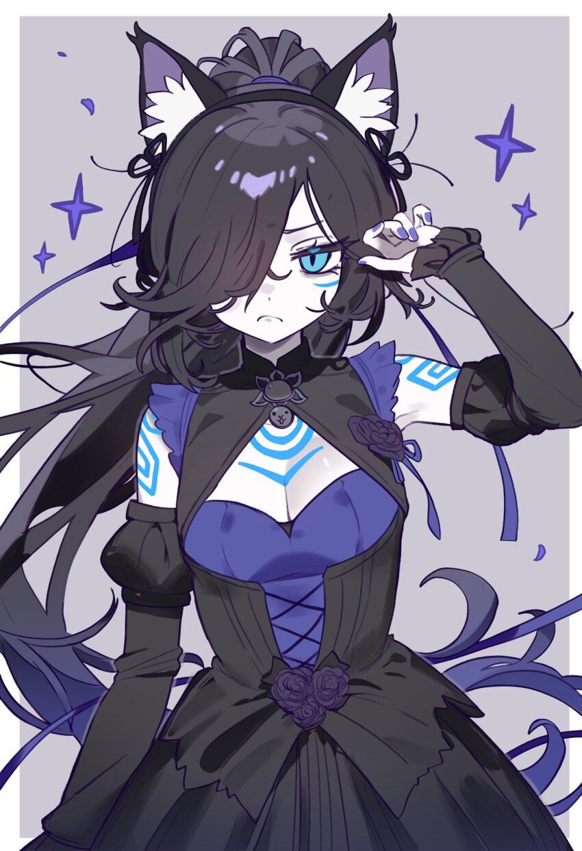1girl, alternate_costume, animal_ear_fluff, animal_ears, armpits, black_dress, black_hair, blue_dress, blue_eyes, blue_nails, blush, body_markings, breasts, cat_ears, cleavage, cleavage_cutout, closed_mouth, clothing_cutout, corset, dark_kasli_(nyanko_daisensou), detached_sleeves, dress, ebora, flower, frills, grey_background, hair_over_one_eye, hair_tie, hand_up, highres, kasli_(nyanko_daisensou), light_frown, long_hair, looking_at_viewer, markings, nyanko_daisensou, ponytail, puffy_detached_sleeves, puffy_sleeves, purple_flower, purple_rose, purple_star, rose, simple_background, solo, star_(symbol), two-tone_dress, very_long_hair, white_background