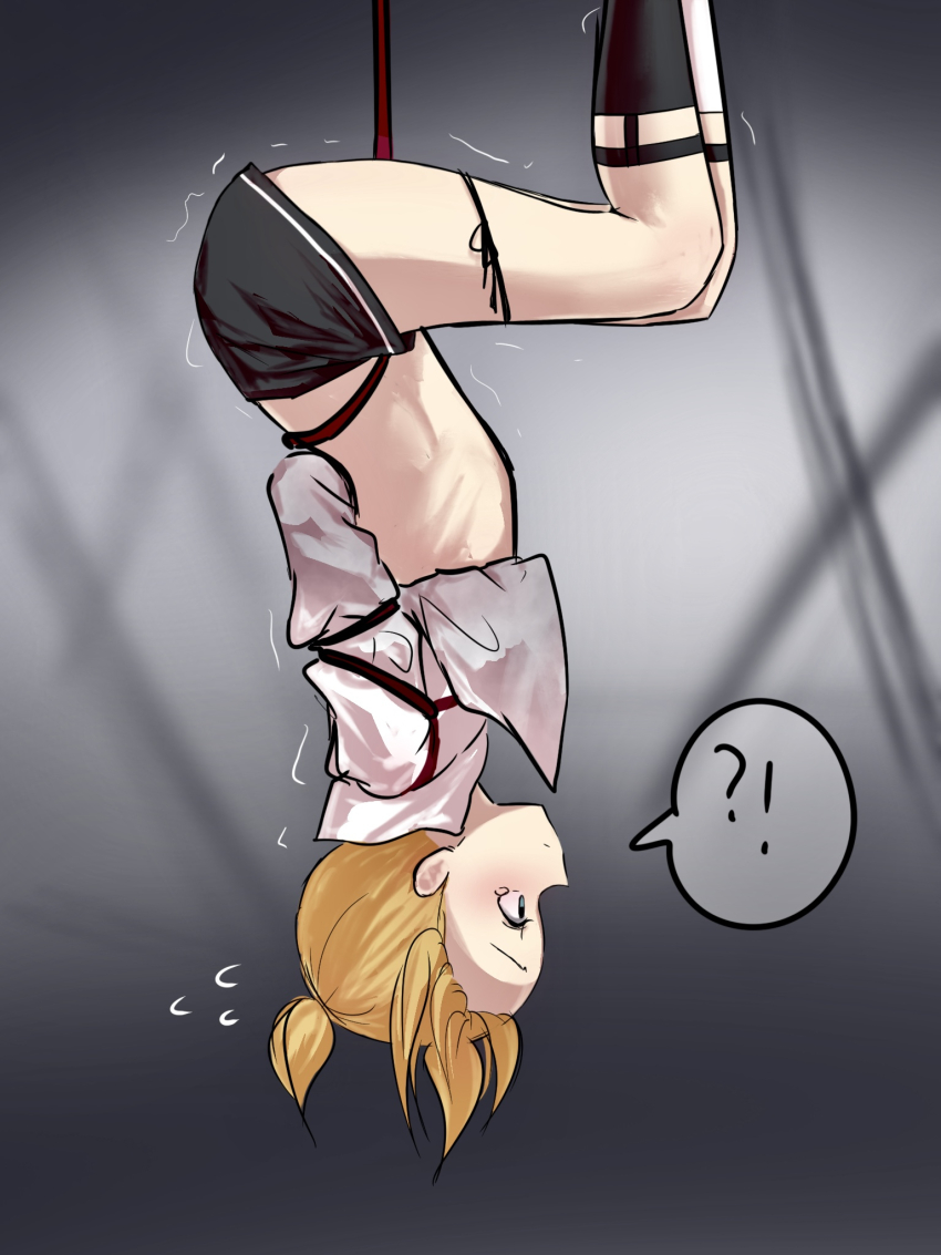 !?, 1boy, 25-ji_len, ahoge, arms_behind_back, asymmetrical_legwear, azulasi, bdsm, black_ribbon, black_shorts, black_socks, blonde_hair, blue_eyes, blush, collared_shirt, commentary_request, feet_out_of_frame, flying_sweatdrops, from_side, grey_background, high_ponytail, highres, kagamine_len, leg_ribbon, long_sleeves, male_focus, mismatched_legwear, mixed-language_commentary, motion_lines, partial_commentary, ponytail, project_sekai, ribbon, shibari, shirt, short_hair, short_shorts, shorts, sidelocks, socks, solo, speech_bubble, spoken_interrobang, stomach, suspension, tearing_up, thigh_ribbon, upside-down, vocaloid, white_shirt, white_socks