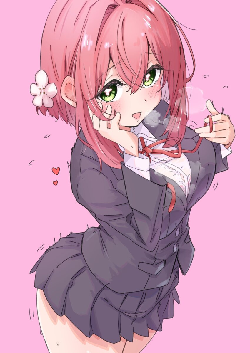 1girl, arms_up, blush, breasts, collared_shirt, flower, from_above, green_eyes