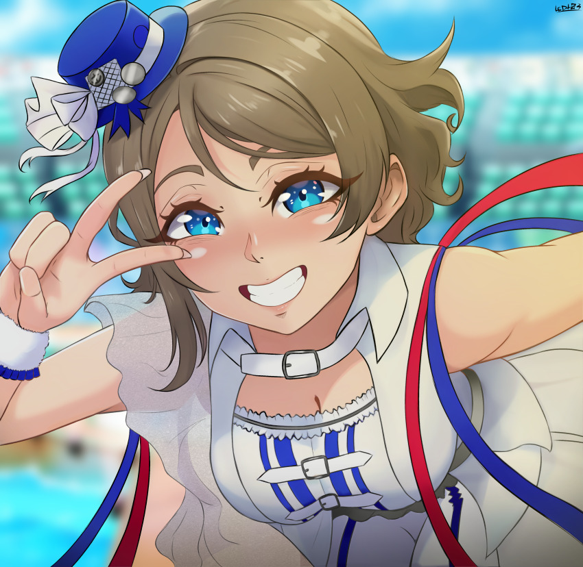 1girl, absurdres, beginners_sailing, blue_eyes, breasts, brown_hair, cleavage, frills, grey_hair, hat, highres, large_breasts, led103, looking_at_viewer, love_live!, love_live!_sunshine!!, peace_symbol, ribbon, see-through_clothes, short_hair, smile, solo, stadium, teeth, v, watanabe_you, wavy_hair