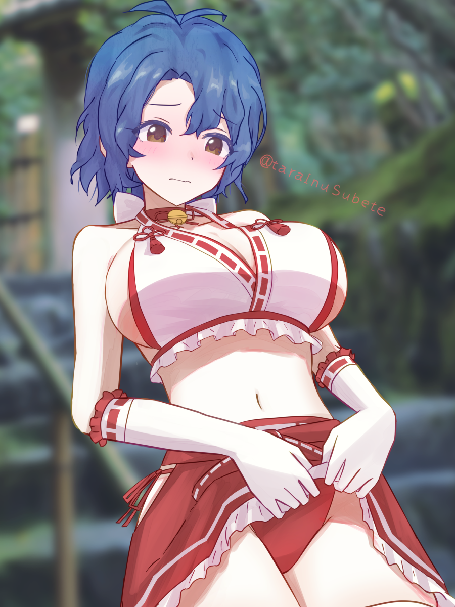 1girl, antenna_hair, bikini, blue_hair, blurry, blurry_background, blush, breasts, clothes_lift, commentary_request, concept_maihime_(idolmaster), embarrassed, frilled_bikini, frills, gloves, highres, idolmaster, idolmaster_million_live!, large_breasts, lifting_own_clothes, mismatched_bikini, navel, official_alternate_costume, outdoors, red_skirt, short_hair, side-tie_bikini_bottom, sideboob, skirt, skirt_lift, solo, swimsuit, tarainusubete, toyokawa_fuka, twitter_username, white_gloves