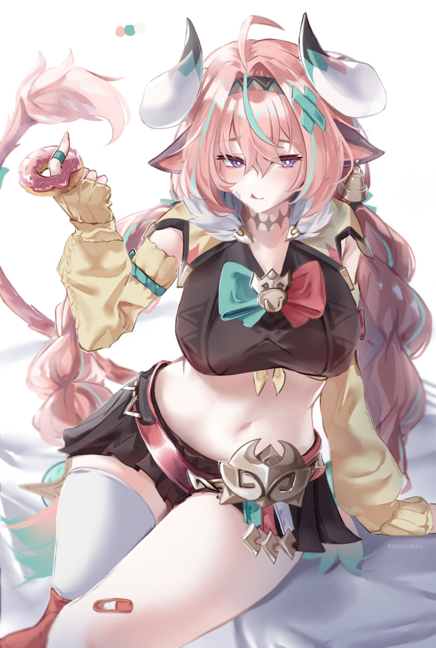 1girl, animal_ears, bell, belly, belt, braid, breasts, cow_ears