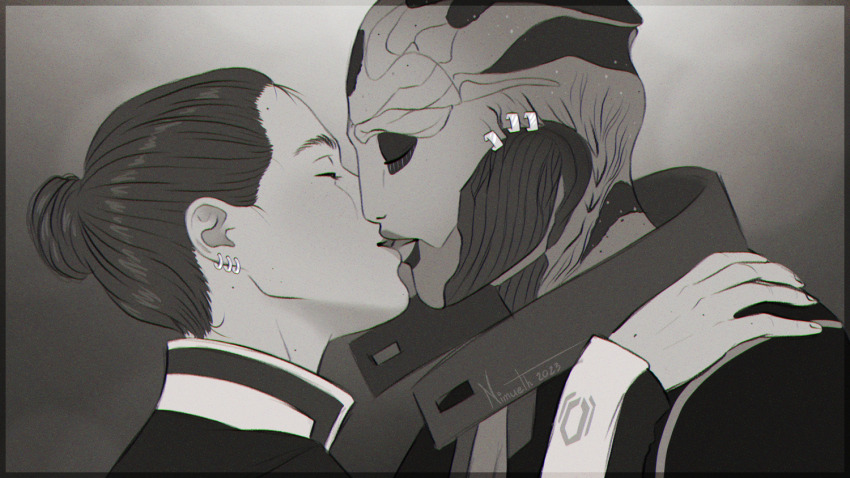 alien, alternate_hairstyle, archive_of_our_own, bun, commander_shepard, commander_shepard_(female), couple, drell