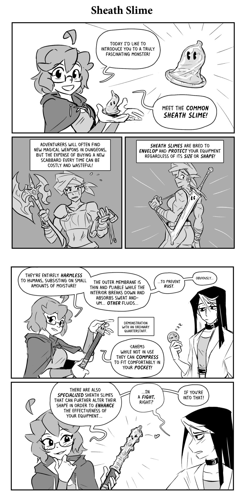 3girls, absurdres, condom, eclair_(spicymancer), highres, multiple_girls, slime_(creature), spicymancer, sword, weapon