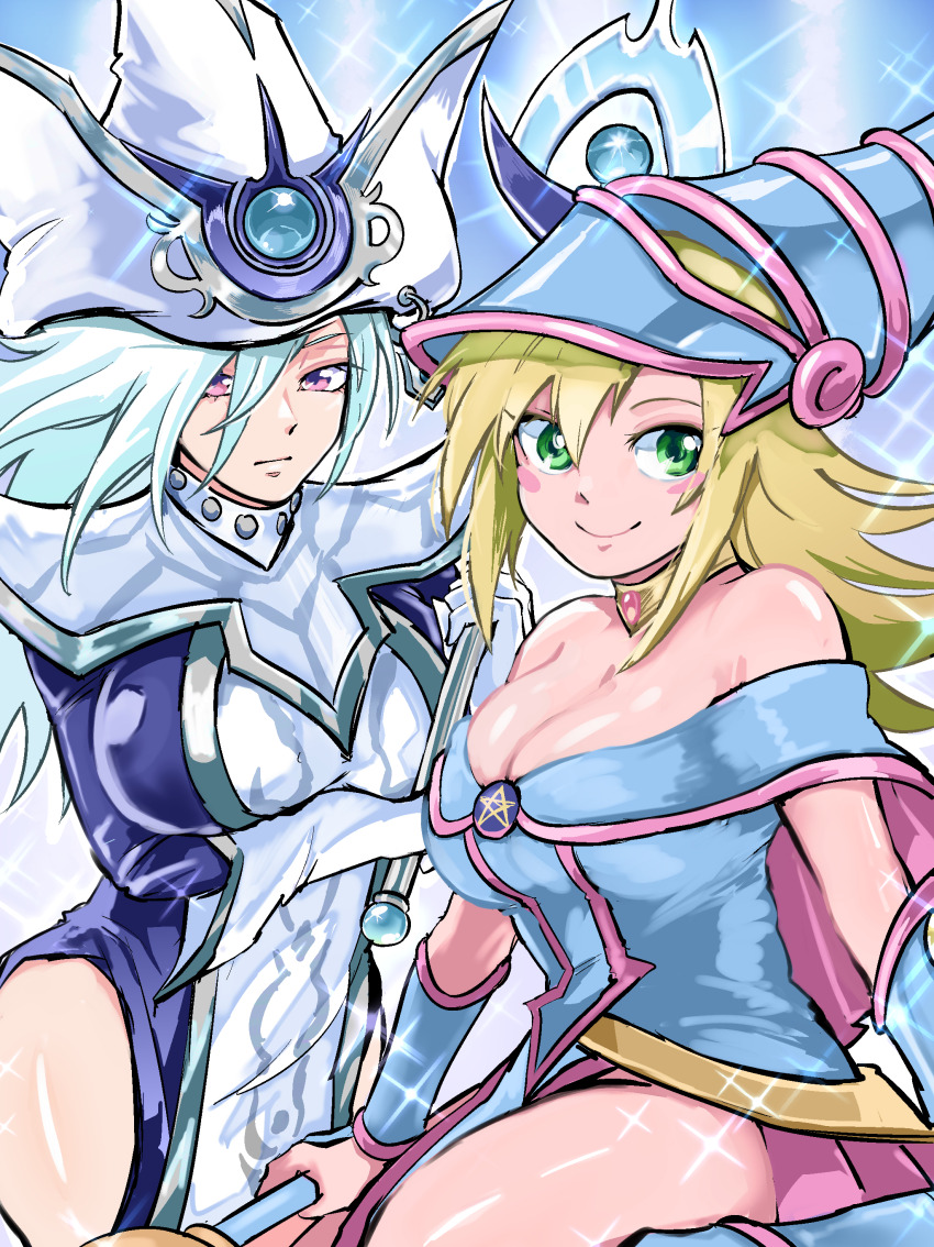 2girls, absurdres, bare_shoulders, blonde_hair, blue_dress, breasts, cleavage, clothing_cutout, dark_magician_girl, dress, green_eyes, grey_hair, hat, highres, hip_vent, holding, holding_staff, karubobo, long_hair, multiple_girls, purple_eyes, silent_magician, smile, sparkle, staff, tabard, white_hat, white_tabard, wizard_hat, yu-gi-oh!