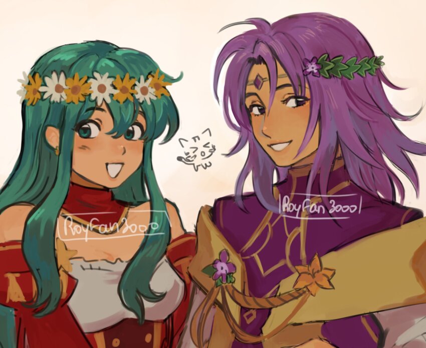 1boy, 1girl, :d, artist_name, bare_shoulders, blue_eyes, blue_hair, circlet