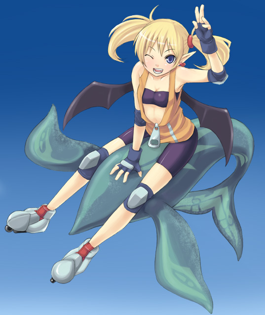 1girl, aq_interactive, arcana_heart, atlus, bandeau_bikini, bat_wings, demon_girl, elbow_pads