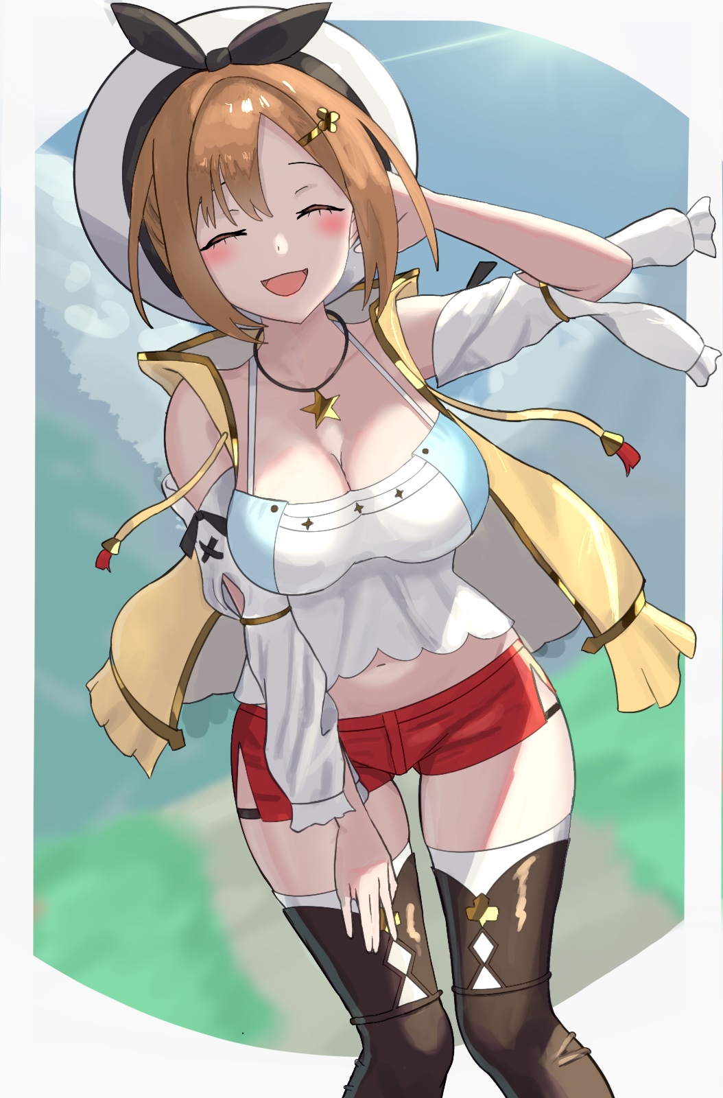 1girl, arm_behind_head, atelier_(series), atelier_ryza, atelier_ryza_1, beret, black_bow, blush