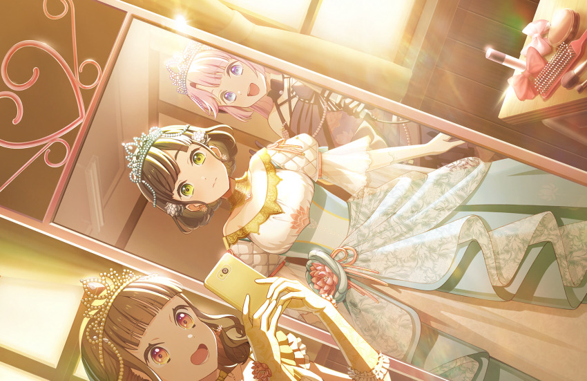 3girls, :d, anyoji_hime, anyoji_hime_(kaikou_no_butoukai), aqua_tiara, bare_shoulders, black_hair, blue_eyes, blunt_bangs, blush, bob_cut, bow, breasts, brown_hair, cellphone, closed_mouth, collarbone, comb, dress, dress_flower, dutch_angle, elbow_gloves, flower, frilled_gloves, frills, full-length_mirror, game_cg, gloves, gold_tiara, green_eyes, hair_flower, hair_ornament, halter_dress, halterneck, hand_mirror, highres, holding, holding_phone, in-universe_location, indoors, kachimachi_kosuzu, kachimachi_kosuzu_(tankyuu_no_butoukai), link!_like!_love_live!, long_hair, looking_at_another, looking_at_reflection, looking_at_self, lotus, love_live!, lower_teeth_only, makeup_brush, medium_breasts, mirror, momose_ginko, momose_ginko_(kiseki_no_butoukai_(104th)), multiple_girls, off-shoulder_dress, off_shoulder, official_alternate_costume, official_alternate_hairstyle, official_art, open_mouth, phone, pink_flower, pink_hair, princess, puffy_short_sleeves, puffy_sleeves, purple_dress, red_bow, reflection, reflection_focus, short_hair, short_sleeves, sidelocks, smartphone, smile, split_mouth, standing, taking_picture, teeth, third-party_source, tiara, unworn_bow, upper_teeth_only, virtual_youtuber, white_dress, white_flower, white_gloves, window, yellow_dress, yellow_gloves