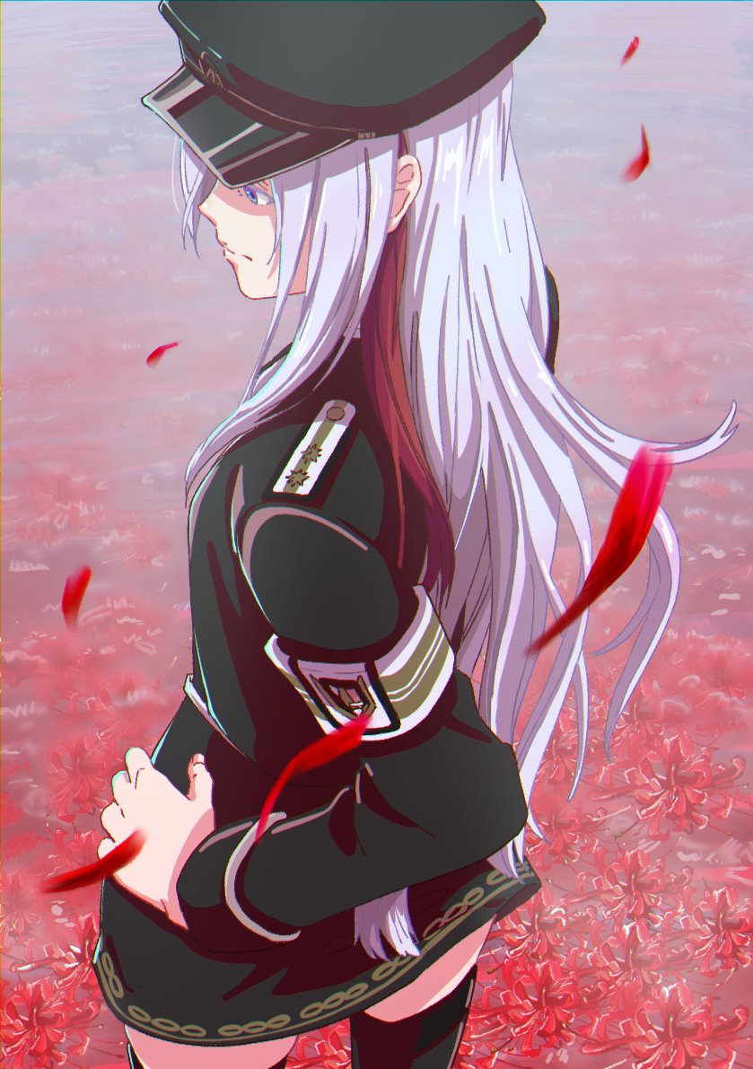 86_-eightysix-, cropped_legs, field, flower, flower_field, hat, long_hair, military_hat, military_uniform, na1gahama, petals, purple_eyes, red_flower, red_petals, spider_lily, very_long_hair, vladilena_millize