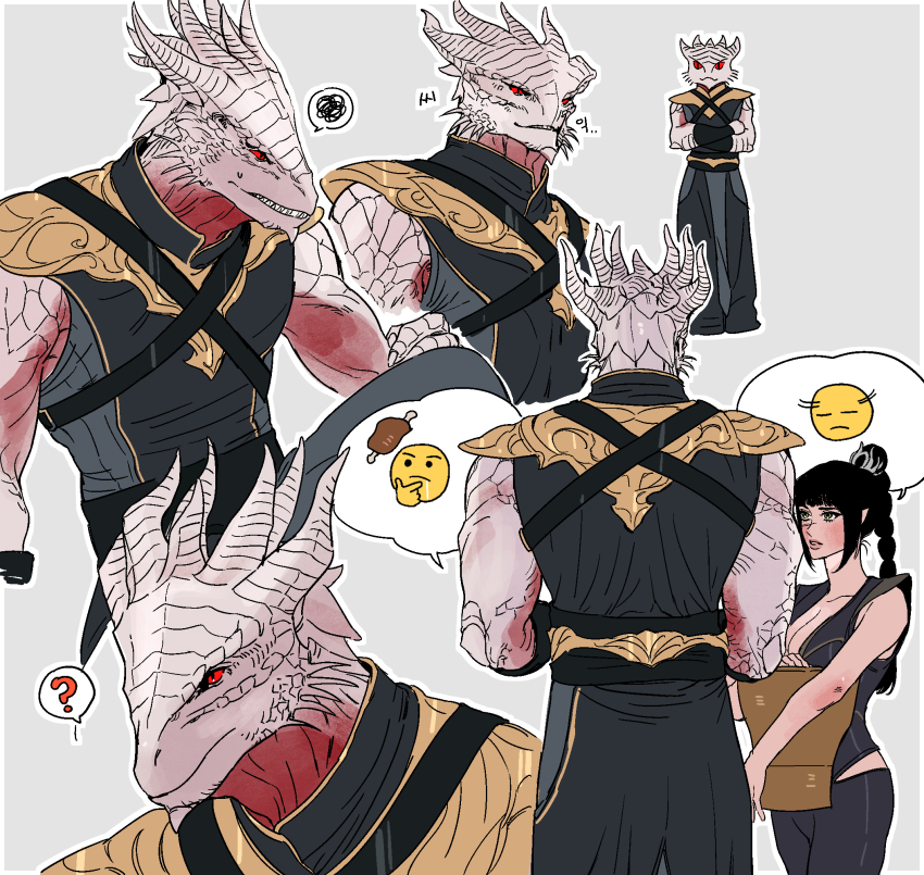 1boy, 1girl, baldur's_gate, baldur's_gate_3, black_hair, black_pants, black_shirt, breasts