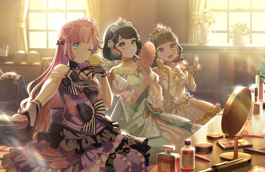 3girls, :d, ;), anyoji_hime, anyoji_hime_(kaikou_no_butoukai), applying_makeup, baby_animal, bare_shoulders, bird, bird_on_hand, black_bow, black_gloves, boots, bottle, bow, breasts, briefcase, chick, closed_mouth, compact_(cosmetics), cosmetics, dress, elbow_gloves, footwear_bow, frilled_dress, frilled_gloves, frills, game_cg, gloves, gold_tiara, halter_dress, halterneck, hand_mirror, highres, holding, holding_compact, holding_makeup_palette, holding_mirror, in-universe_location, indoors, kachimachi_kosuzu, kachimachi_kosuzu_(tankyuu_no_butoukai), large_breasts, link!_like!_love_live!, looking_at_viewer, love_live!, makeup, makeup_palette, medium_breasts, medium_dress, mirror, momose_ginko, momose_ginko_(kiseki_no_butoukai_(104th)), multiple_girls, official_alternate_costume, official_art, one_eye_closed, open_mouth, over-kneehighs, parted_lips, perfume_bottle, puffy_short_sleeves, puffy_sleeves, purple_boots, purple_dress, purple_tiara, school_briefcase, selfie, selfie_stick, short_sleeves, silver_tiara, sitting, sleeveless, sleeveless_dress, smile, table, thigh_boots, thighhighs, third-party_source, tiara, virtual_youtuber, white_dress, window, yellow_dress, yellow_gloves