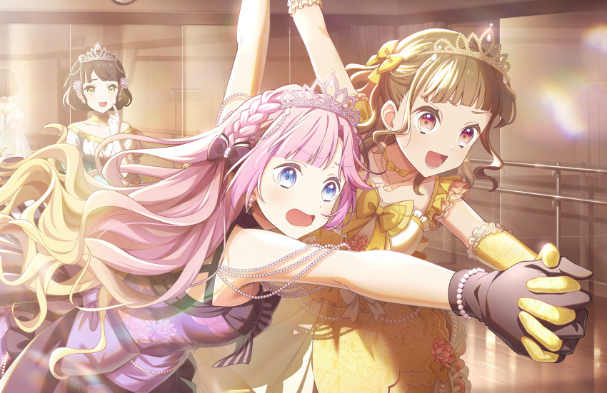 3girls, :d, anyoji_hime, anyoji_hime_(kaikou_no_butoukai), armpits, bare_shoulders, black_bow, black_gloves