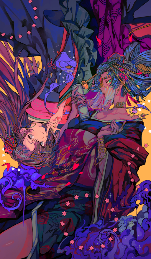 2girls, alf_layla_wa-layla_(fate), black_hair, blue_eyes, blue_kimono, bracelet, breasts, brown_hair