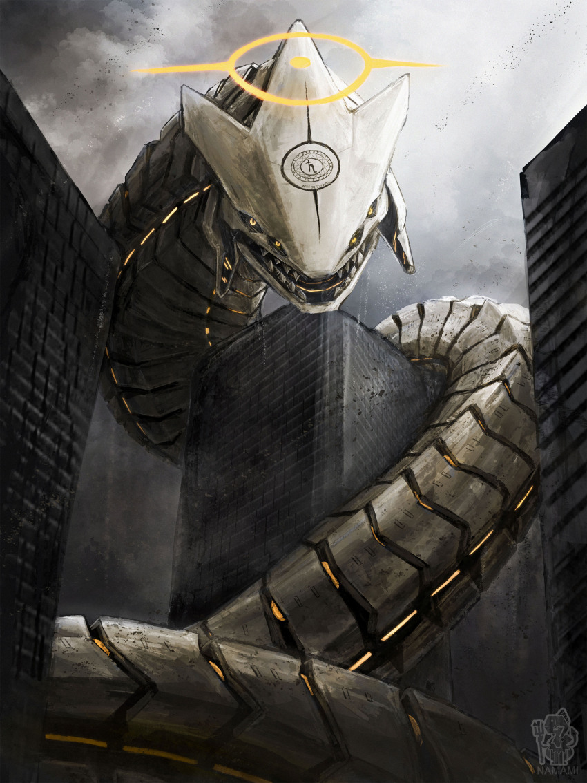 absurdres, animal, animal_focus, artist_logo, artist_name, binah_(blue_archive), blue_archive, building, cloud, cloudy_sky, coiled, commentary_request, dark_cloud, extra_eyes, giant_snake, glowing_lines, halo, hebrew_text, highres, logo, looking_at_viewer, mecha, namami_(namami0115), no_humans, non-humanoid_robot, open_mouth, oversized_animal, photoshop_(medium), robot, robot_animal, sharp_teeth, sky, snake, teeth, white_snake, yellow_eyes, yellow_halo