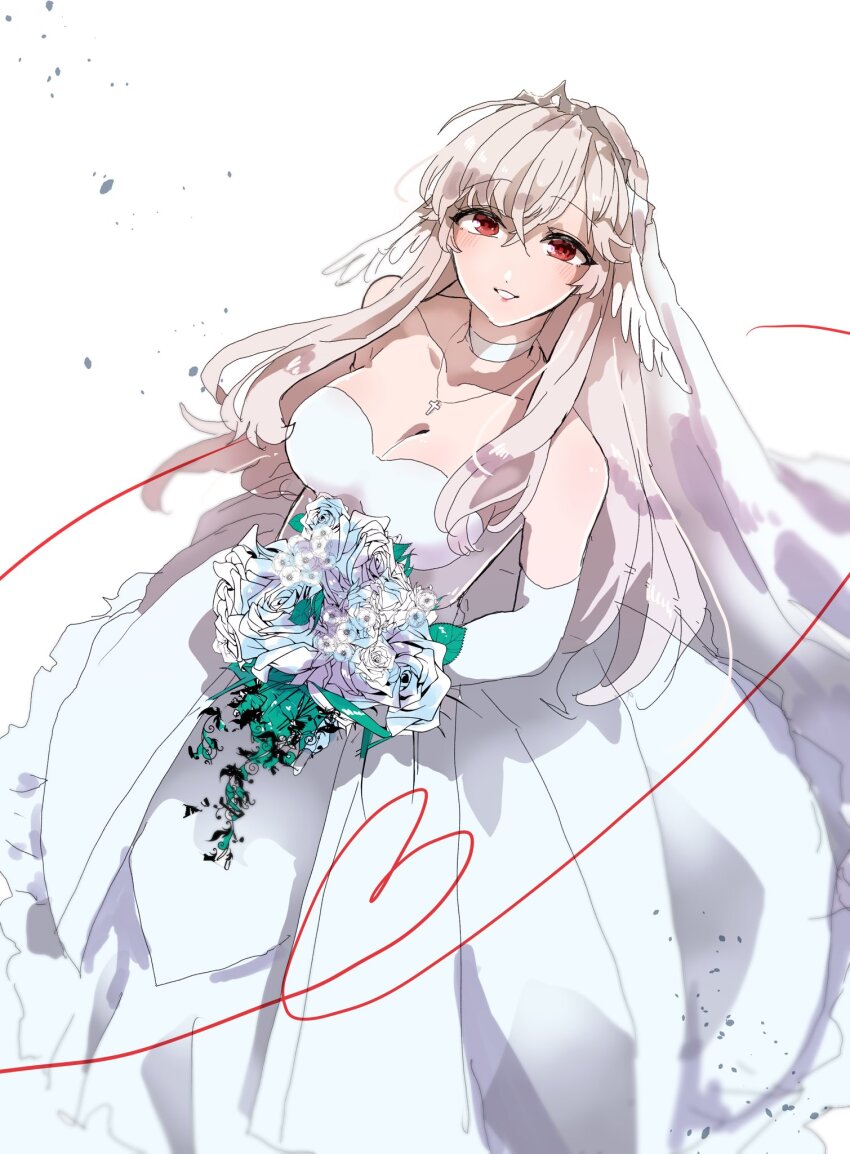 1girl, alternate_costume, blush, bouquet, breasts, choker, cleavage, commentary_request