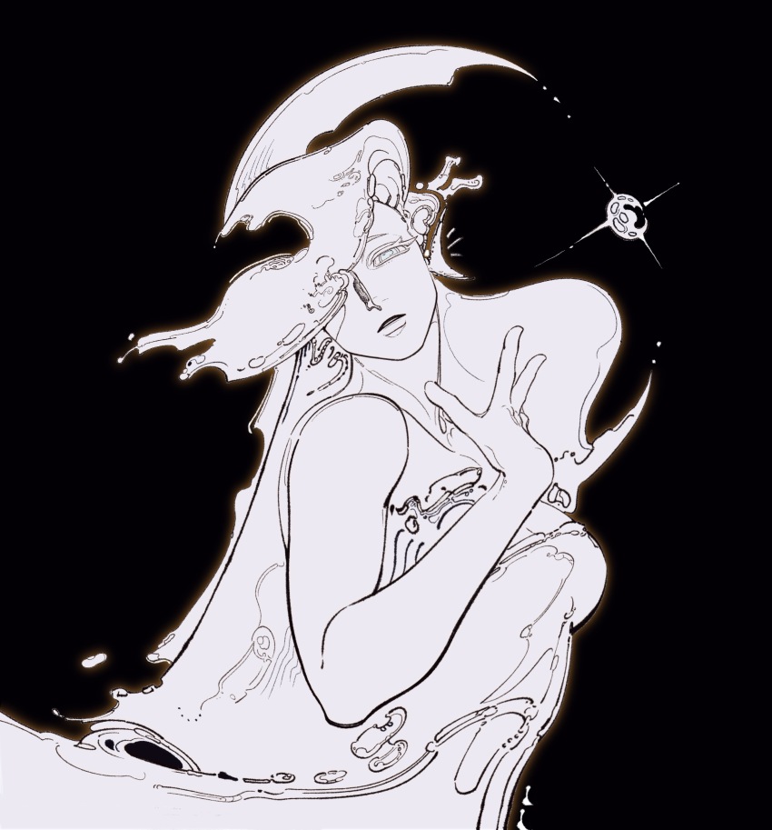 1girl, absurdres, cookie_run, cookie_run:_kingdom, crescent_moon, highres, karsin2022, liquid_hair, long_hair, looking_at_viewer, moon, parted_lips, sea_fairy_cookie, solo, very_long_hair, water