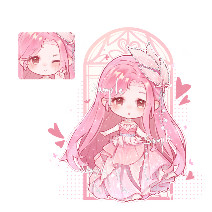 1girl, :o, ayayayai, bare_shoulders, beads, bridal_gauntlets, brown_eyes, chibi