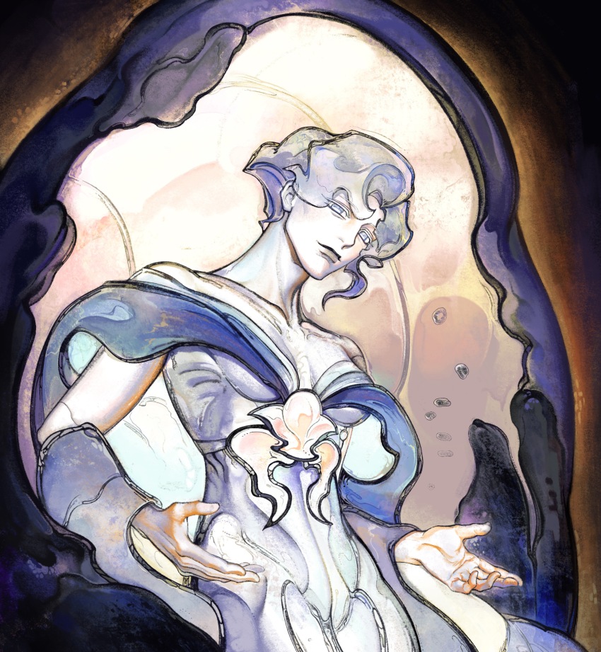 1girl, absurdres, breasts, cookie_run, cookie_run:_kingdom, dress, grey_dress, grey_hair