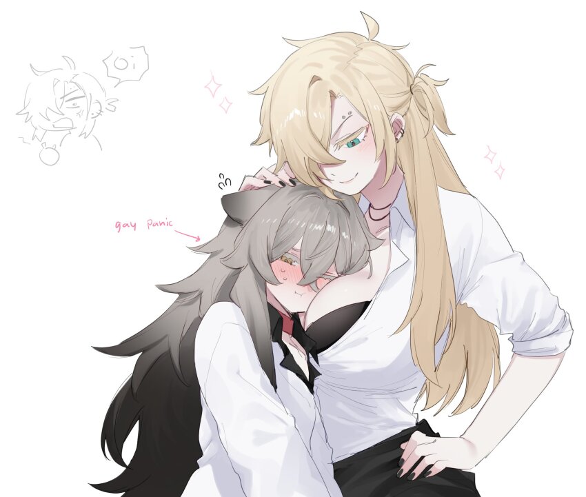 2girls, between_breasts, black_bra, black_hair, black_nails, bra, bra_peek, breasts