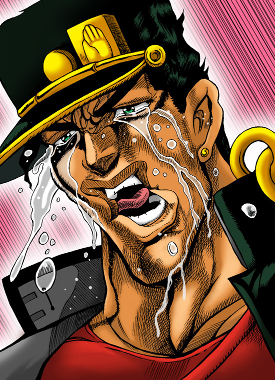 1boy, araki_hirohiko_(style), ashiro_(collective-mind), battle_tendency, black_hair, black_hat, chain, commentary_request, crosshatching, crying, earrings, esidisi_crying_(meme), green_eyes, hat, hatching_(texture), jewelry, jojo_no_kimyou_na_bouken, kuujou_joutarou, male_focus, meme, motion_lines, official_style, open_mouth, portrait, red_background, scene_reference, solo, speed_lines, stardust_crusaders, streaming_tears, stud_earrings, tears