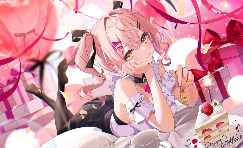 1girl, balloon, bare_legs, belt_collar, black_pantyhose, box, breasts, cake, cleavage, collar, cup, dutch_angle, food, fork, full_body, gift, gift_box, hair_intakes, hair_ornament, hair_ribbon, hairclip, hand_on_own_cheek, hand_on_own_face, happy_birthday, heart_balloon, highres, holding, holding_fork, indie_virtual_youtuber, large_breasts, legs_up, lying, minaton, mirea, off-shoulder_shirt, off_shoulder, on_stomach, orange_eyes, pantyhose, pink_hair, plate, pleated_skirt, ribbon, second-party_source, shirt, skirt, smile, solo, teacup, the_pose, twintails, virtual_youtuber