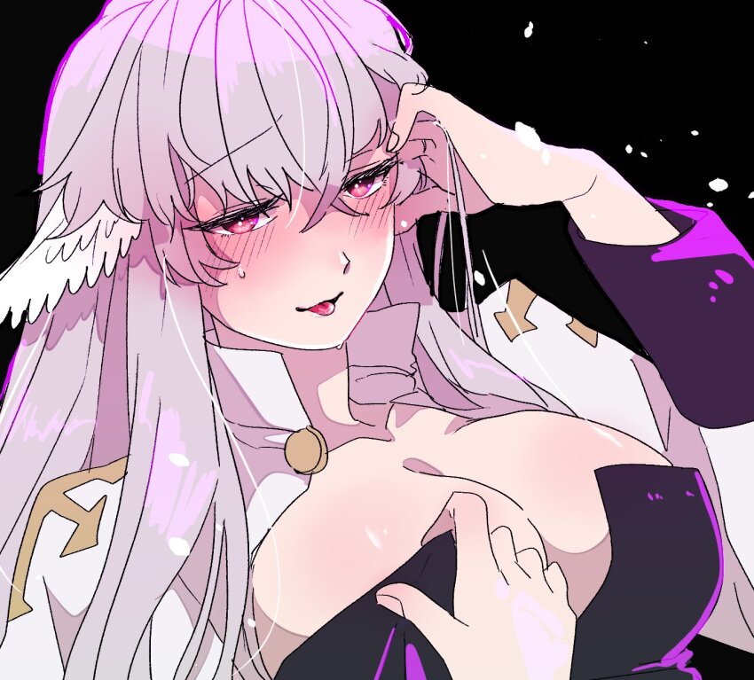 1girl, arch_bishop_(ragnarok_online), black_background, black_dress, blush, breasts, cleavage, cleavage_cutout, clothes_pull, clothing_cutout, commentary_request, cross, crossed_bangs, datenshi_no_fu, dress, dress_pull, feathered_wings, grey_hair, hand_in_own_hair, head_wings, highres, juliet_sleeves, large_breasts, long_hair, long_sleeves, looking_at_viewer, puffy_sleeves, ragnarok_masters, ragnarok_online, red_eyes, simple_background, solo, tongue, tongue_out, two-tone_dress, upper_body, very_long_hair, white_dress, white_wings, wings