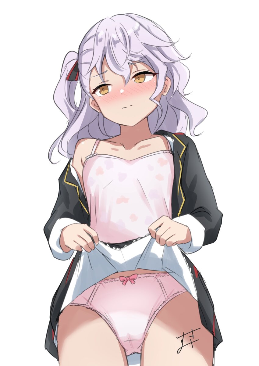 1girl, absurdres, blush, bow, bow_panties, camisole, clothes_lift, collarbone, flat_chest, hair_ribbon, high_school_fleet, highres, lifting_own_clothes, long_hair, panties, ribbon, school_uniform, signature, simple_background, skirt, skirt_lift, solo, standing, sukimizaki, thea_kreutzer, underwear, white_background, white_hair, yellow_eyes