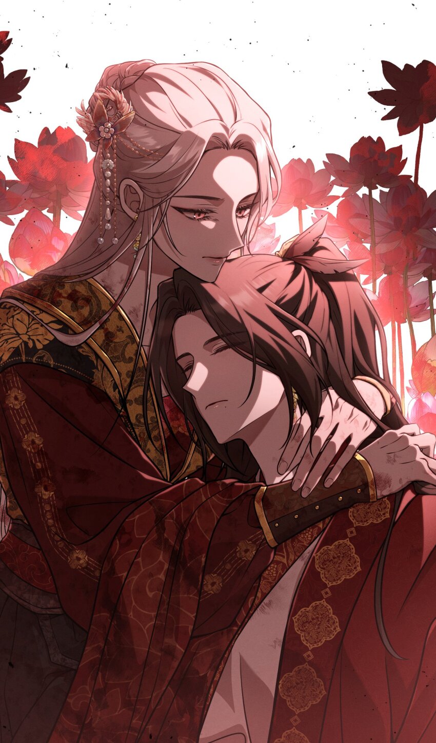 1boy, 1girl, absurdres, anggeum, arms_around_neck, blood, blood_in_hair, blood_on_clothes, blood_on_hands, blood_on_neck, brown_hair, butterfly_hair_ornament, chinese_clothes, closed_eyes, closed_mouth, earrings, feather_hair_ornament, feathers, flower, hair_bun, hair_ornament, half_updo, hanfu, high_ponytail, highres, jeok_ryun, jewelry, jinhongi, korean_commentary, long_hair, long_sleeves, looking_at_another, mok_yun, mole, mole_under_mouth, pink_eyes, ponytail, red_flower, red_hanfu, single_hair_bun, white_background, white_hair, wide_sleeves