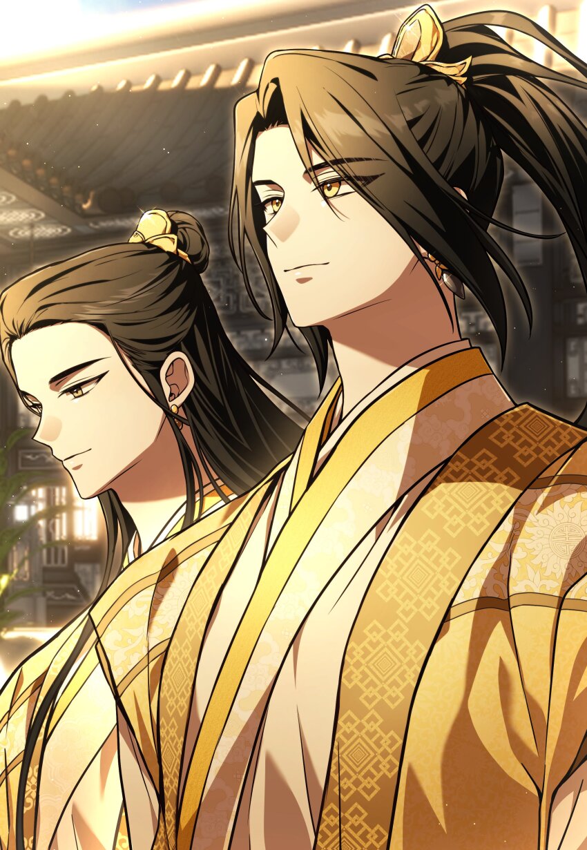 2boys, absurdres, anggeum, architecture, black_hair, building, chinese_clothes, closed_mouth, earrings, east_asian_architecture, hair_bun, hanfu, high_ponytail, highres, jewelry, jin_rim, jinhongi, korean_commentary, long_hair, looking_ahead, looking_down, male_focus, multiple_boys, plant, ponytail, single_hair_bun, smile, upper_body, xiao_guan_(headdress), yellow_eyes, yellow_hanfu, zaha