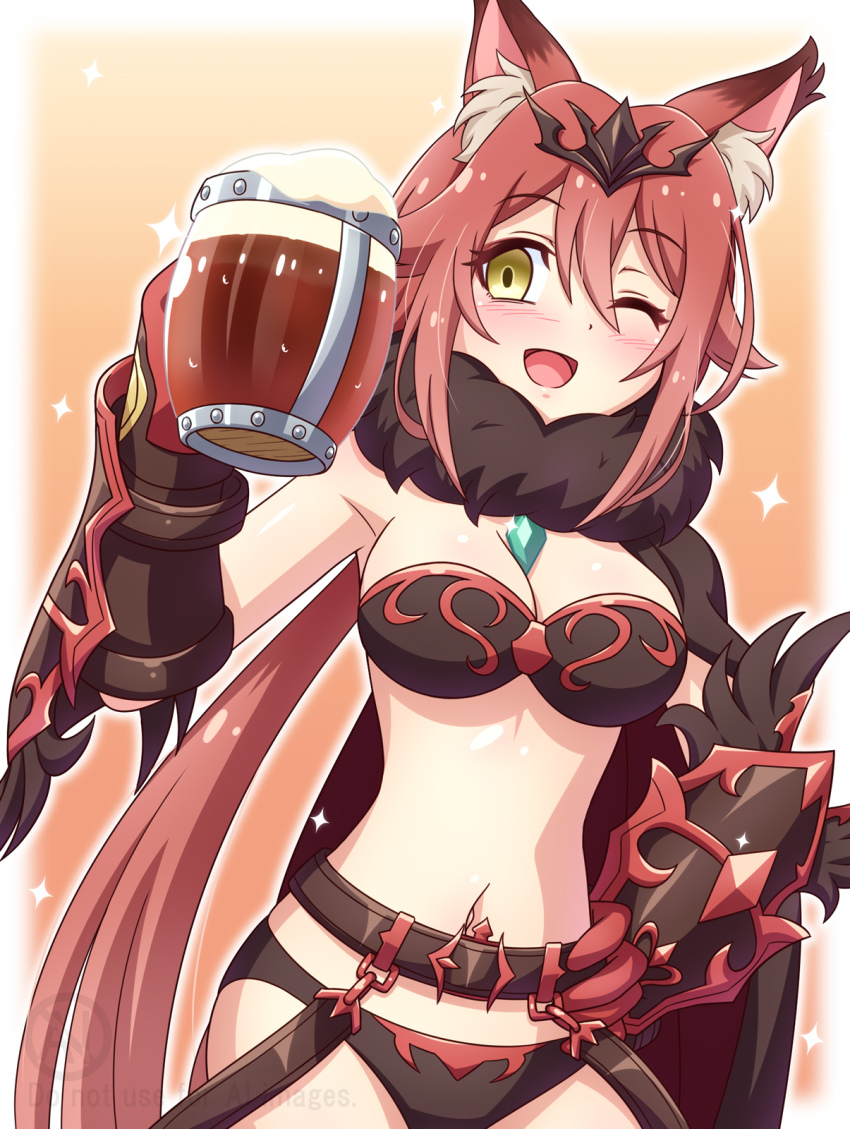 1girl, aira_(princess_connect!), animal_ear_fluff, animal_ears, armor, beer_mug, belt, bikini_armor