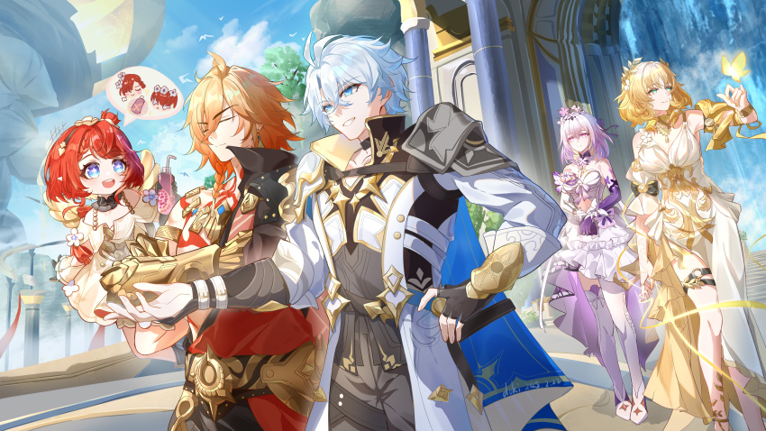 2boys, 3girls, absurdres, aglaea_(honkai:_star_rail), ancient_greek_clothes, architecture, bare_shoulders, black_gloves