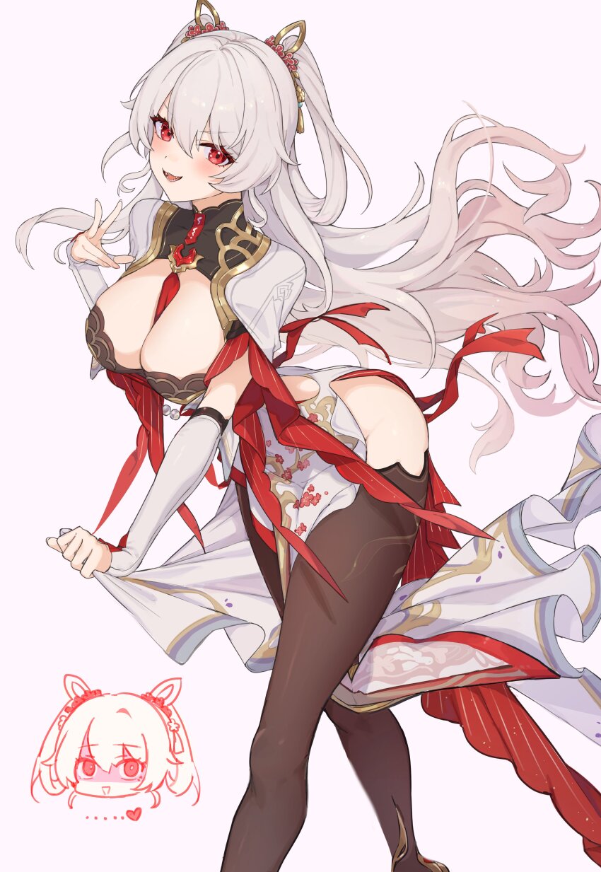 1girl, absurdres, awe_(adorableduckyy), black_thighhighs, breasts, chinese_clothes, dress, grey_background, hair_between_eyes, hair_ornament, highres, honkai_(series), honkai_impact_3rd, large_breasts, leaning_forward, long_hair, looking_at_viewer, luna_(redolent_in_red)_(honkai_impact), official_alternate_costume, red_eyes, simple_background, smile, solo, theresa_apocalypse, theresa_apocalypse_(luna_kindred), luna_(honkai_impact), thighhighs, thighs, very_long_hair, white_dress, white_hair