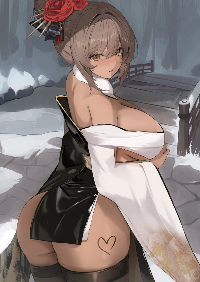 1girl, absurdres, ass, bare_shoulders, black_kimono, black_thighhighs, breasts, bridge