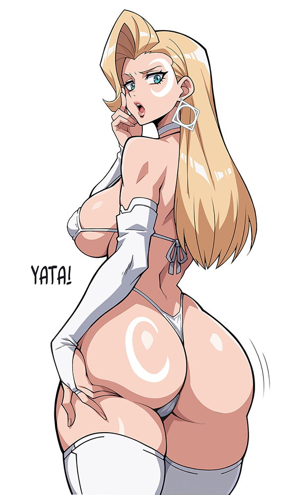 1girl, alternate_costume, ass, ass_tattoo, bikini, blonde_hair, blue_eyes, breasts, bridal_gauntlets, choker, crescent_moon, crescent_moon_tattoo, dagger_(marvel), earrings, facial_tattoo, huge_ass, jewelry, large_breasts, long_hair, looking_at_viewer, looking_back, marvel, marvel_rivals, moon, moon_tattoo, open_mouth, simple_background, solo, swimsuit, tattoo, thighhighs, thong, white_background, white_bikini, white_bridal_gauntlets, white_choker, white_thighhighs, yatagarasupen