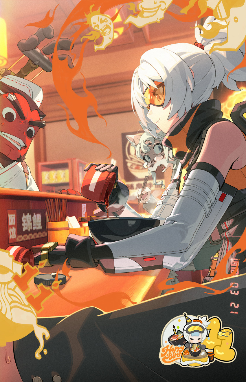 1boy, 1other, 2girls, absurdres, animal_nose, black_gloves, bottle, bowl