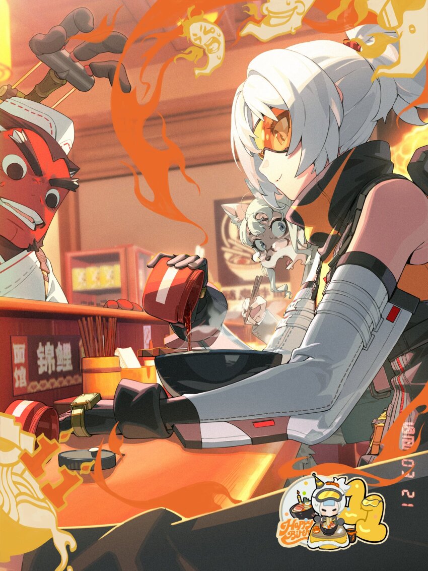 1boy, 2girls, bottle, bowl, chili_pepper, chopsticks, colored_skin, duplicate