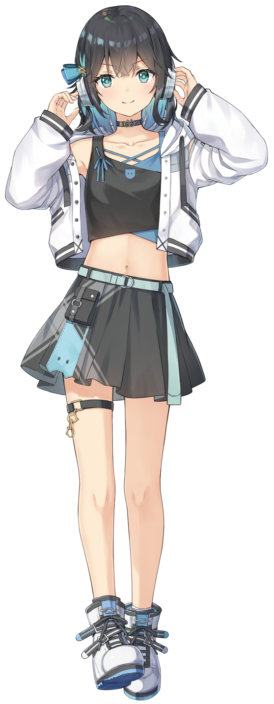 1girl, aqua_eyes, belt, black_choker, black_hair, black_skirt, blue_hair, bow