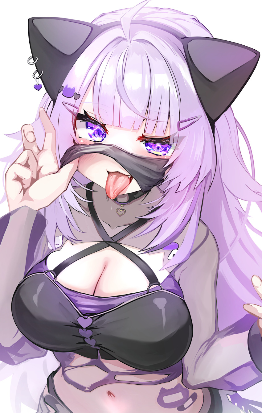 1girl, ahoge, animal_ears, black_mask, breasts, cat_ears, cat_girl, cleavage, commentary_request, hair_ornament, hairclip, highres, hololive, kajimakoto, large_breasts, long_hair, looking_at_viewer, mask, mouth_mask, navel, nekomata_okayu, nekomata_okayu_(gyaru), nekomata_okayu_(personya_respect), purple_hair, simple_background, solo, virtual_youtuber, white_background
