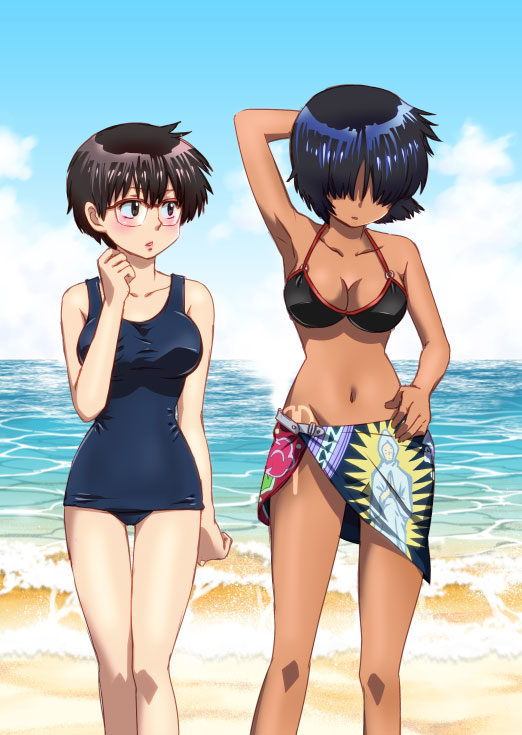 2girls, arm_behind_head, armpits, beach, bikini, black_bikini, black_hair, blush, breasts, brown_eyes, brown_hair, cleavage, collarbone, commentary_request, dark-skinned_female, dark_skin, feet_out_of_frame, female_pervert, glasses, hair_over_eyes, hand_up, imorimiyuki, large_breasts, multiple_girls, nazo_no_kanojo_x, ocean, oka_ayuko, one-piece_swimsuit, outdoors, pervert, print_sarong, red-framed_eyewear, sarong, school_swimsuit, semi-rimless_eyewear, short_hair, standing, swimsuit, tan, tan_tattoo, tanline, textless_version, thigh_gap, urabe_mikoto, yuri