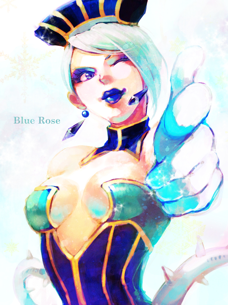 10s, 1girl, bare_shoulders, blue_eyes, blue_hair, blue_rose_(tiger_&amp;_bunny), breasts, cleavage